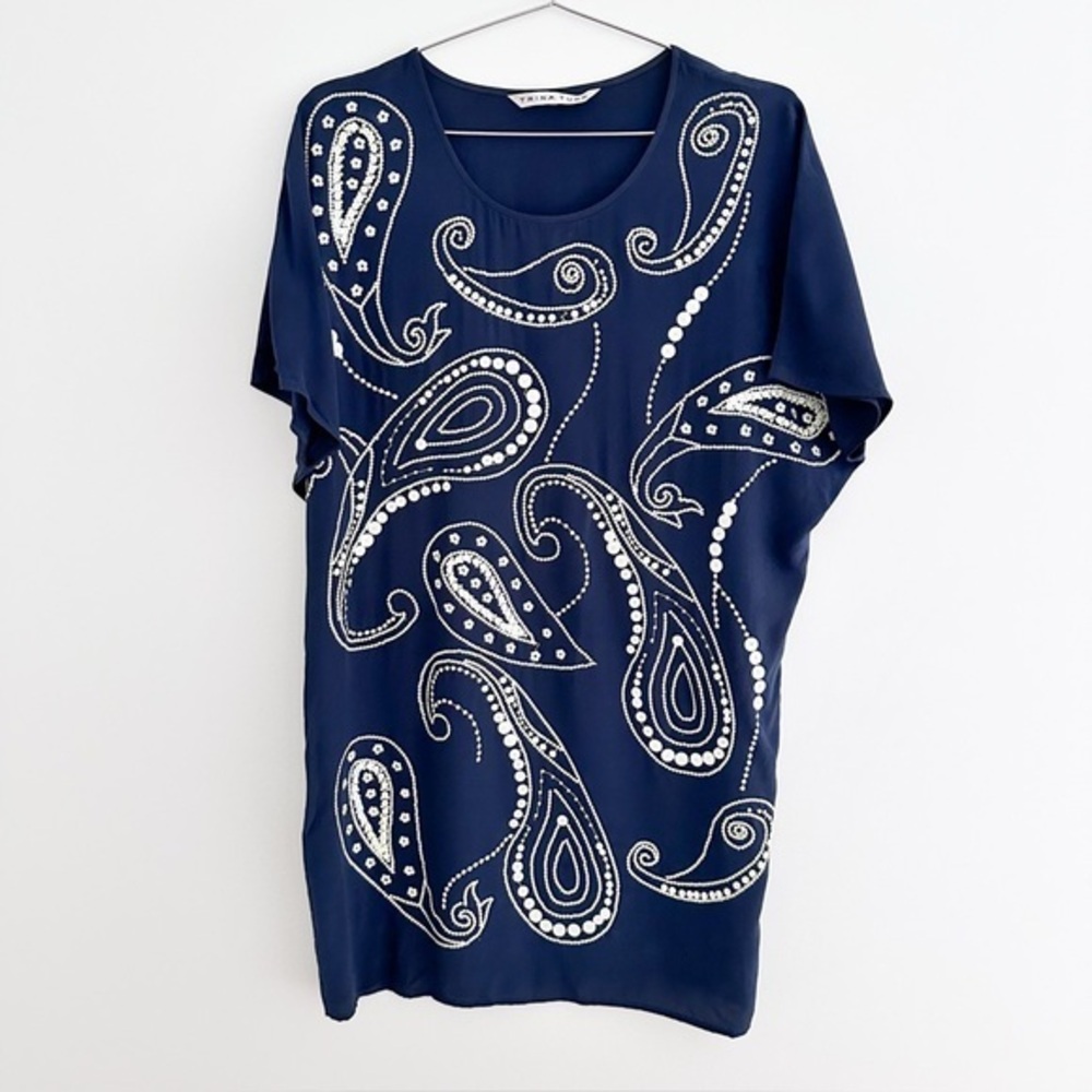 Trina Turk Short Sleeve Mini Dress Caftan Silk Tunic With Sequin Details